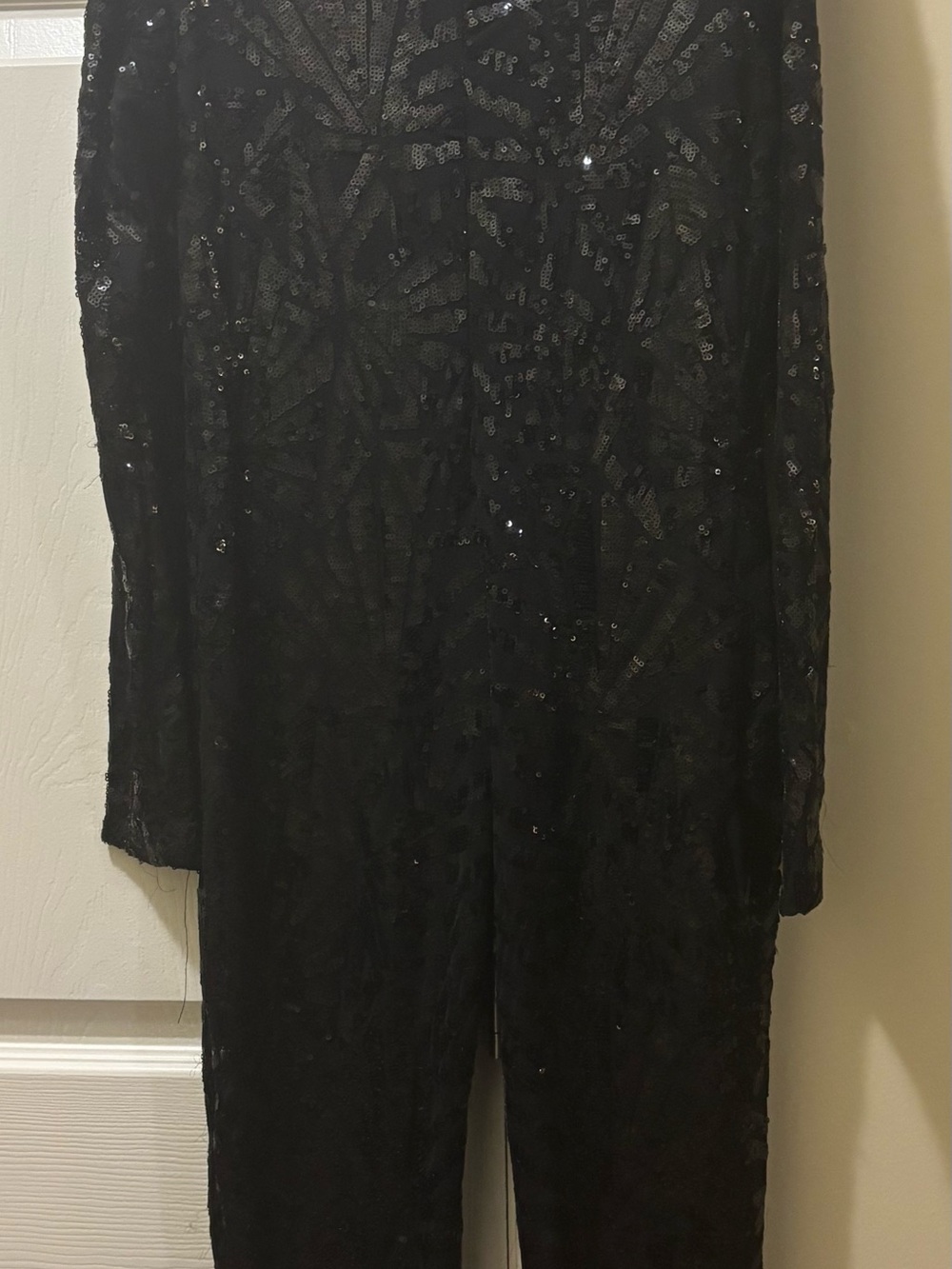 Black Sequin Jumpsuit Long Sleeve Geometric Mesh Catsuit Bodysuit Party Club - Picture 3 of 6